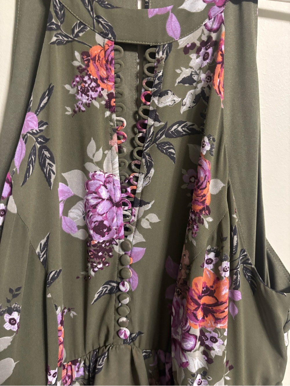 Torrid Dress Floral Olive Green Tiered Halter A Line Sleeveless Keyhole Size 1X - Picture 6 of 8